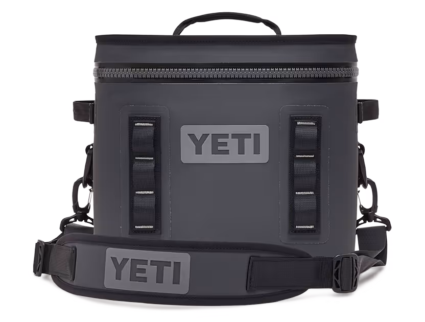 YETI cooler bag in dark gray with two front straps and detachable shoulder strap.