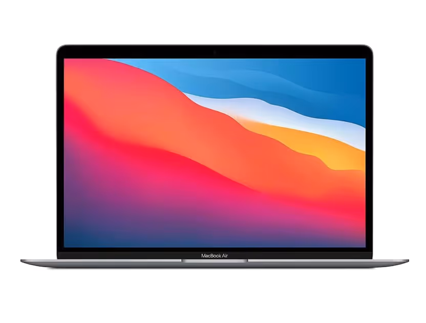 A MacBook Air with a vibrant, abstract colorful wallpaper displayed on the screen.