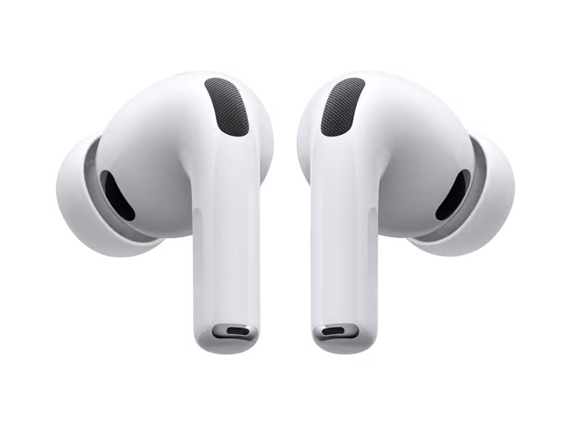 White wireless earbuds with a sleek design, featuring a stem and silicone tips.