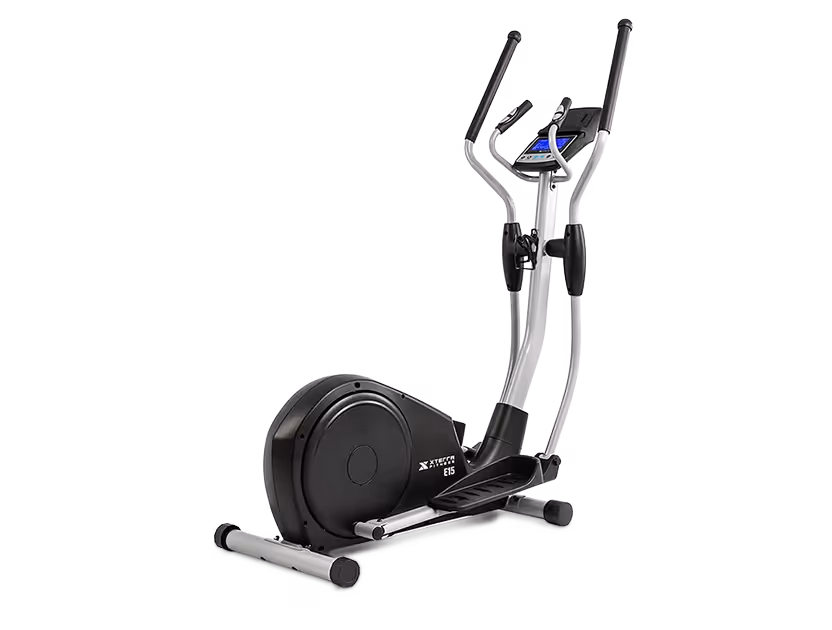 Elliptical machine with a black and silver design, featuring handlebars and a digital display.