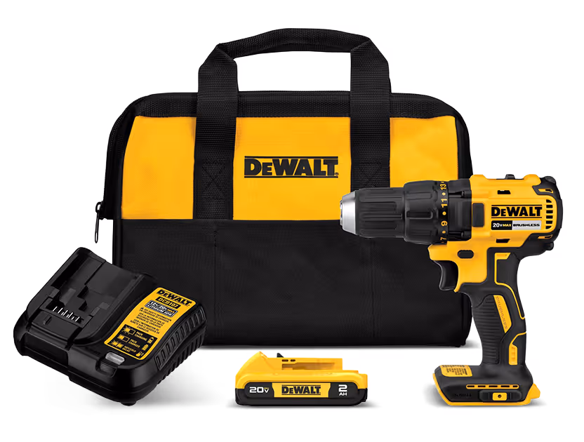 Dewalt cordless drill set with bag, battery, and charger in yellow and black design.