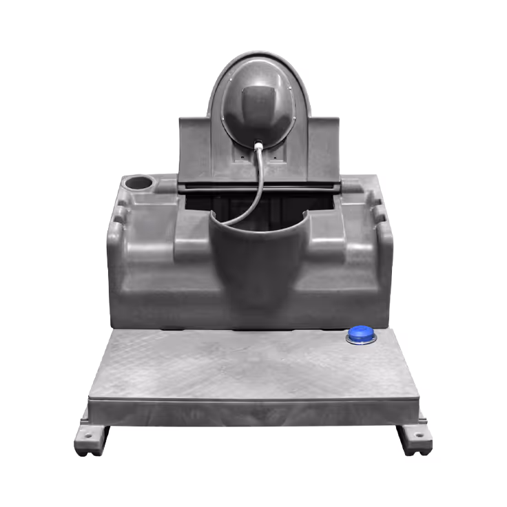 Gray flip-top tank with a round lid and blue button, positioned on a flat base.