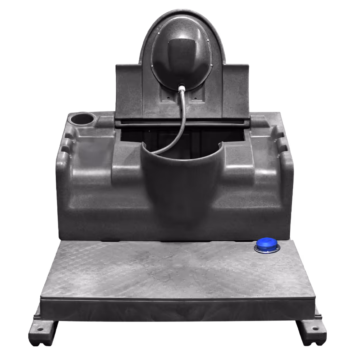 Gray Flip-Top Tank with a large opening, a blue button, and a hose connection.
