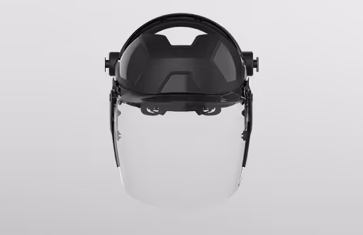 Black safety helmet with a clear face shield, designed for protective use.