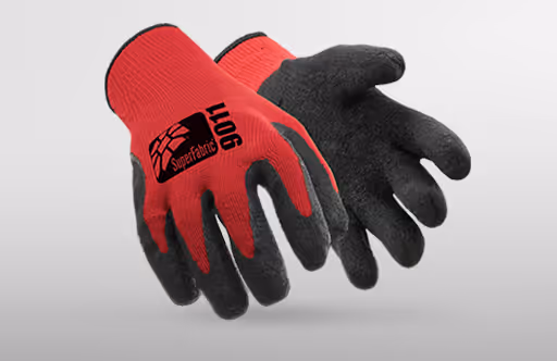 Red and black work gloves with textured grip and a logo on the wrist area.