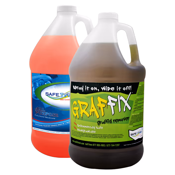 Two large cleaning product jugs: GRAFFIX graffiti remover and SAFE T FREE all-purpose cleaner.