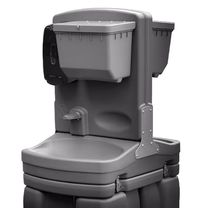 Gray portable handwashing station with basin, faucet, soap dispenser, and water tanks.