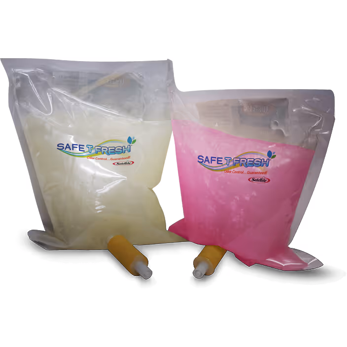 Two Safe T Fresh liquid refill packs in clear plastic pouches, one pale yellow and one pink.