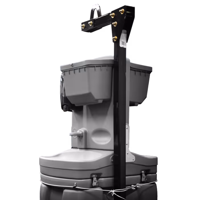 Portable hand wash station with basin, pump, and black metal frame for support and lifting.