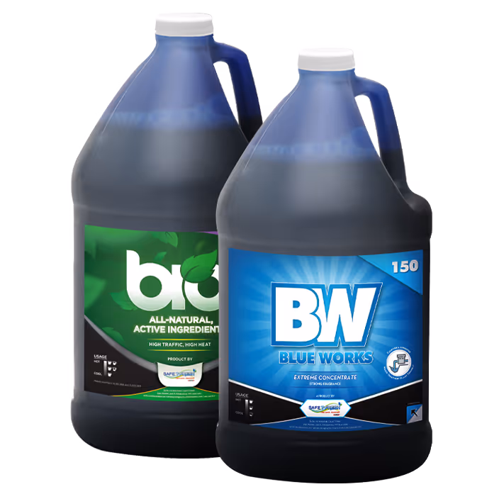 Two large dark liquid gallon jugs labeled Bio and BW Blue Works cleaning concentrates.