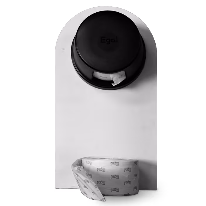 White toilet paper holder with a black cover and a partially unrolled roll branded Egal.