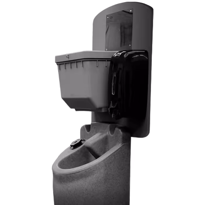 Wall-mounted portable handwashing station with a basin, gray water tank, and black soap dispenser.
