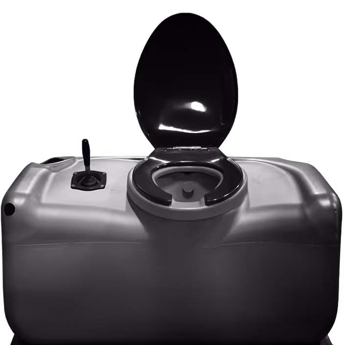 Portable industrial flush toilet with black seat and lid, and a flush lever on the side.