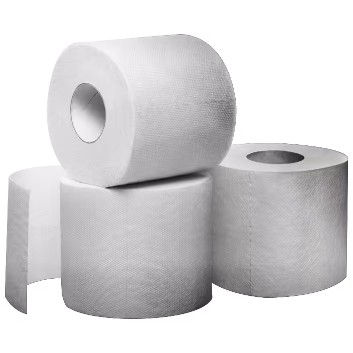 Three white toilet paper rolls, one partially unrolled, stacked against a white background.