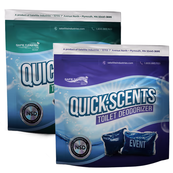 Two colorful packets of Quick-Scents toilet deodorizer by Satellite Industries, featuring NSD non-staining dye.