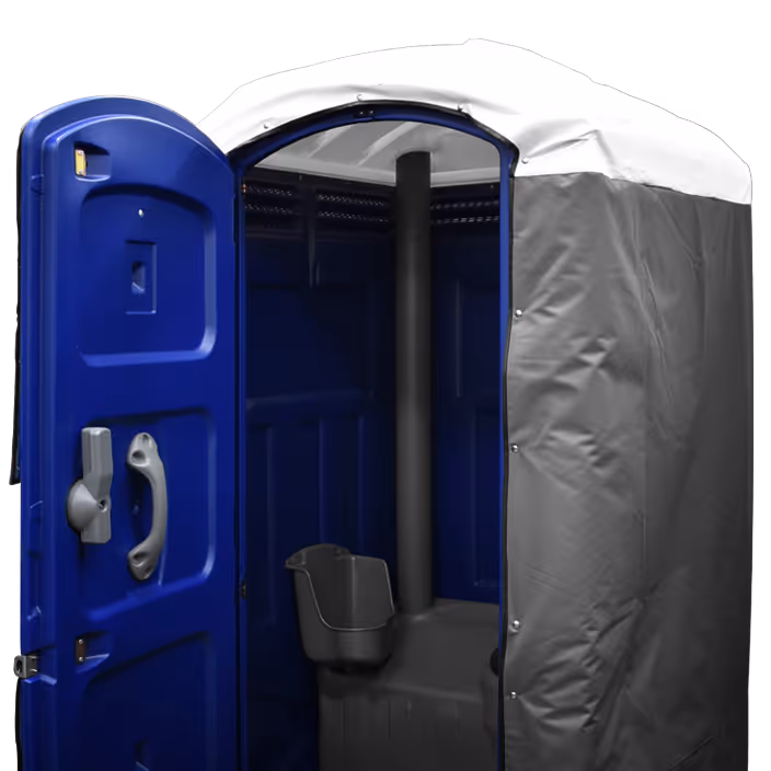 Inside view of a portable restroom with a blue door and insulated gray and white cover.
