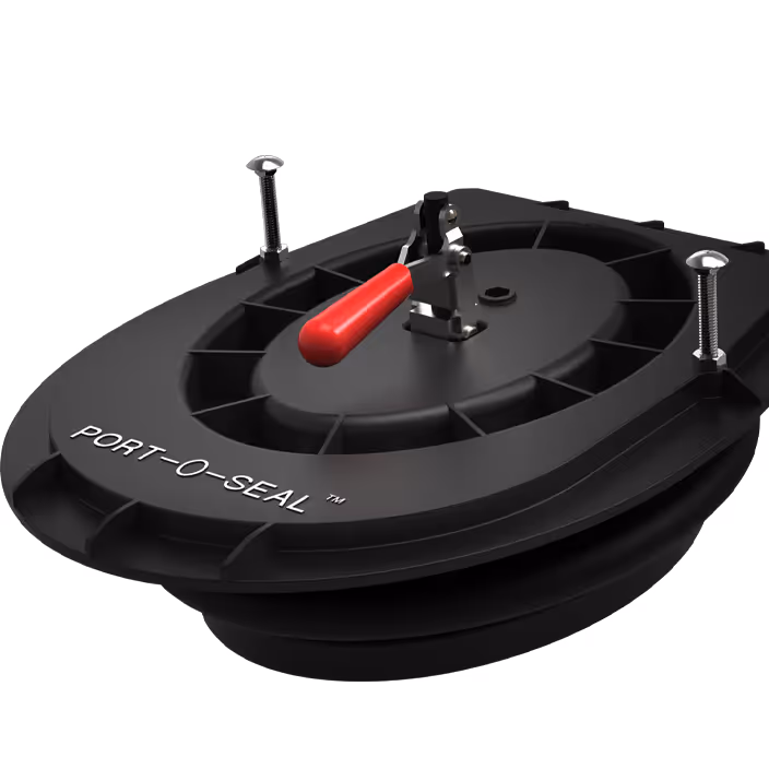 Black PORT-O-SEAL valve cover with red handle and two screws on a white background.