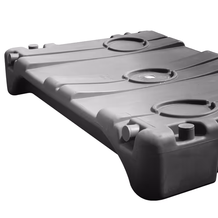 Large rectangular black plastic holding tank with three round access ports on the top surface.