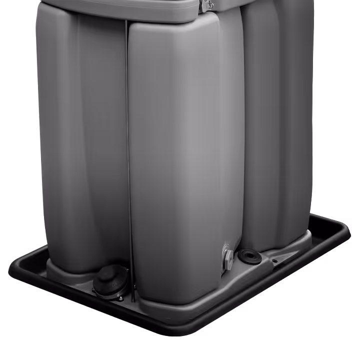 Large containment tray holding multiple connected gray plastic tanks with caps and fittings.