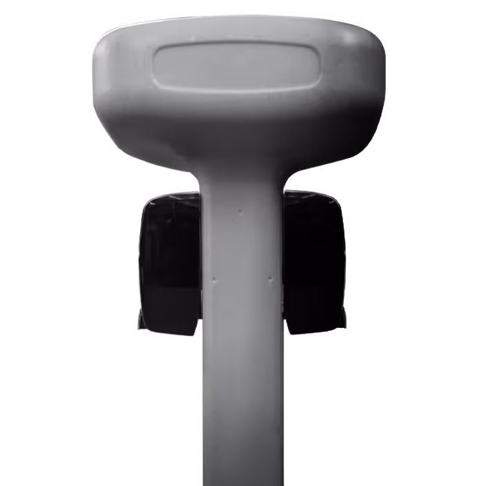 Top view of a gray scooter handlebar and black wheels on a white background.