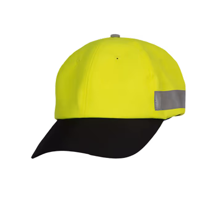 High-visibility yellow and black cap with a reflective gray strip on the side.