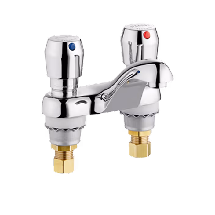 Chrome dual-handle faucet with hot and cold knobs marked by red and blue dots.
