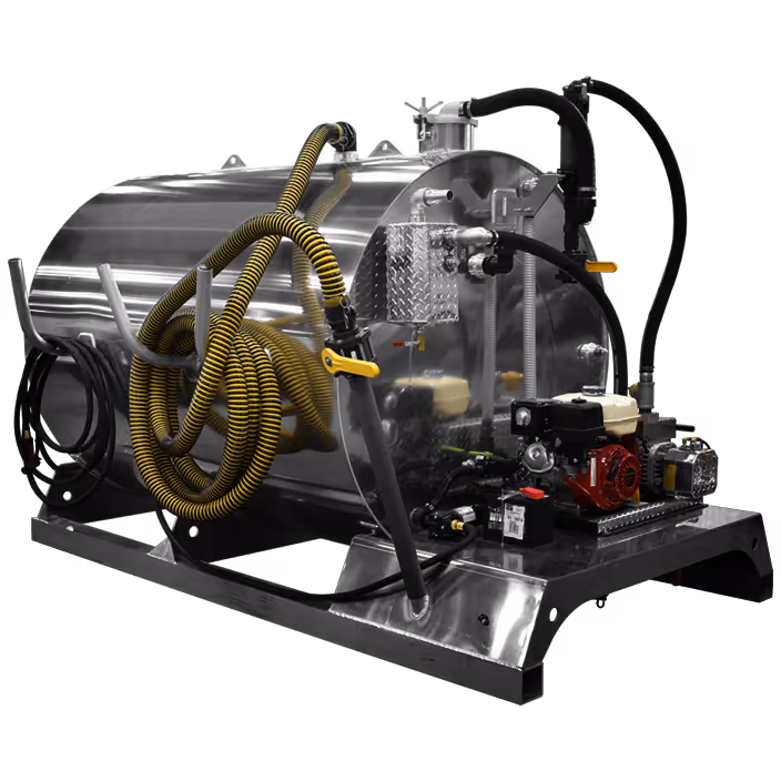 Industrial stainless steel tank with yellow coiled hoses and an attached motor pump on a metal frame.