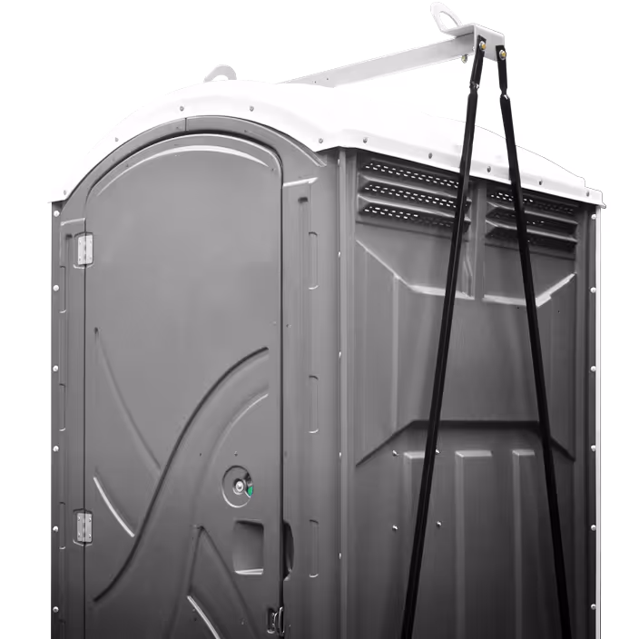 Gray portable toilet with white curved roof and metal carrying frame attached.