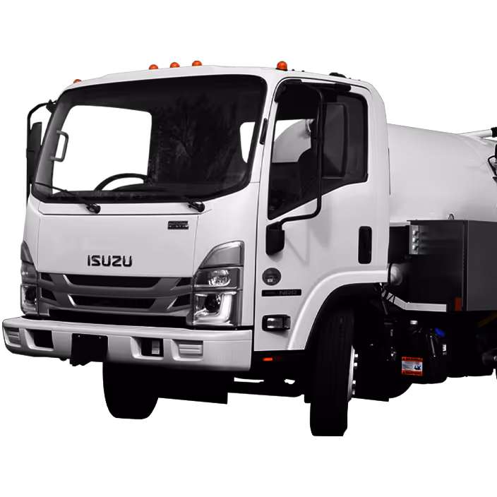 White Isuzu cabover truck with orange roof lights and a tapered front design.