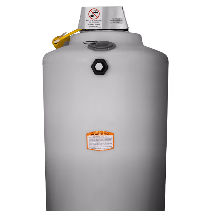 Large gray industrial tank with warning labels and a metal top cover with a yellow handle.