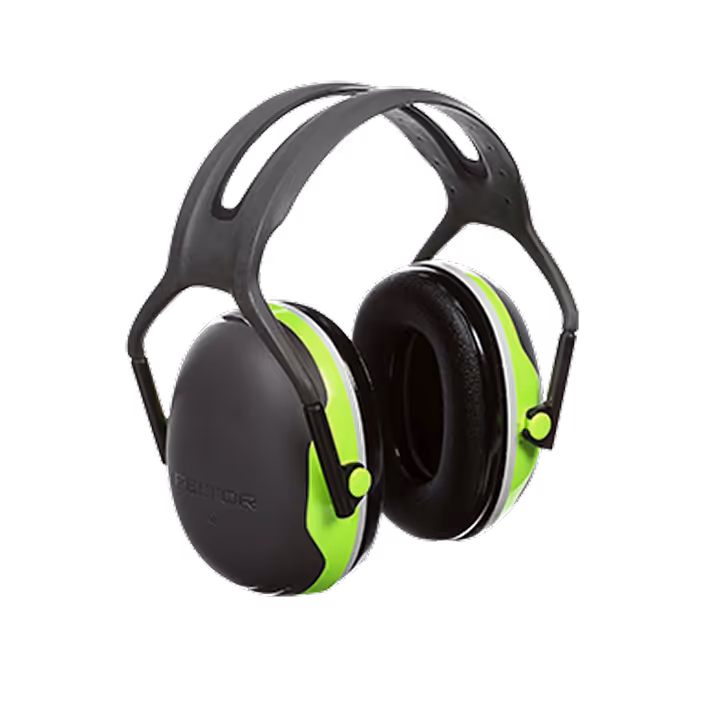 Black and green over-ear hearing protection earmuffs with cushioned ear cups and adjustable headband.