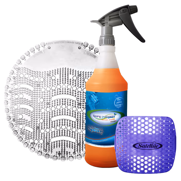 Three odor control products: a round silver disc, an orange spray bottle, and a purple perforated cube.