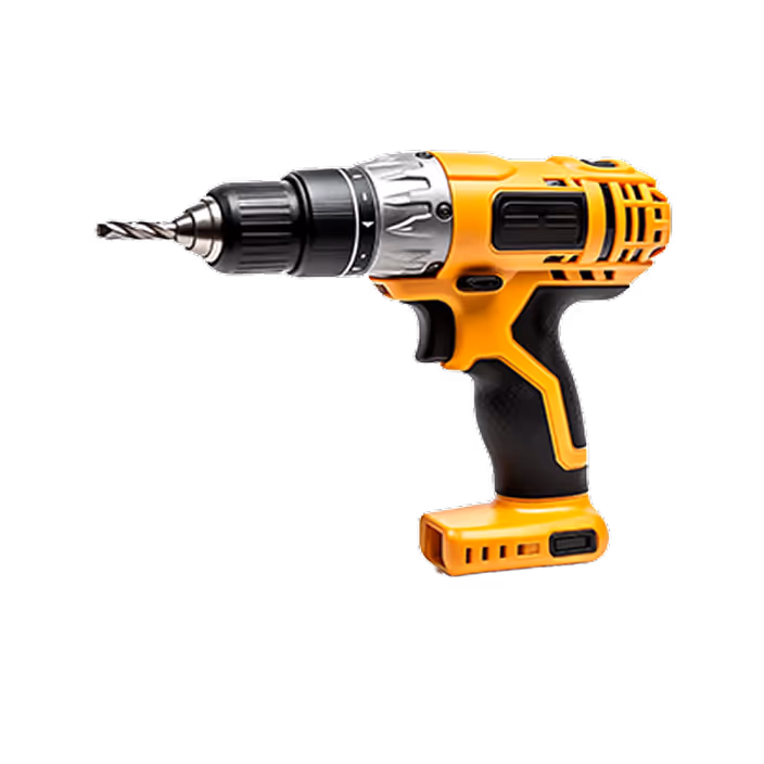 Yellow and black cordless power drill with metal chuck and drill bit attached.