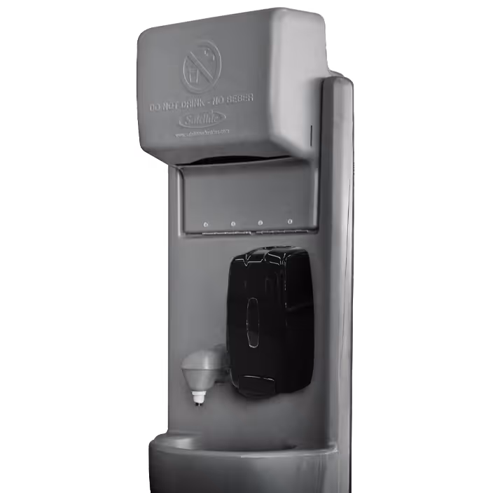 Wall-mounted handwash station with soap dispenser and water spout labeled do not drink
