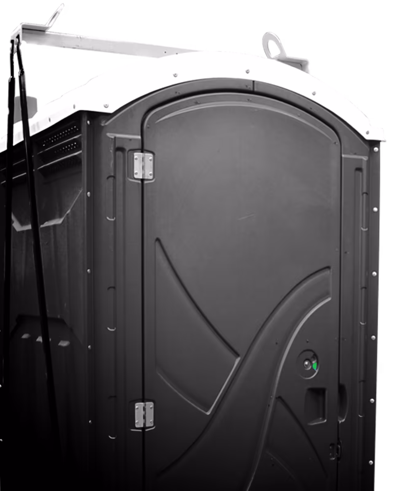 Closed black portable toilet door with white roof and ventilation panel above.