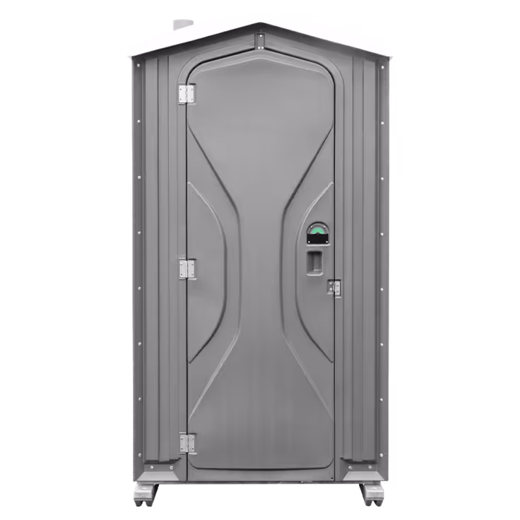 Gray portable restroom with a sloped roof and a door featuring a lock and ventilation panel.