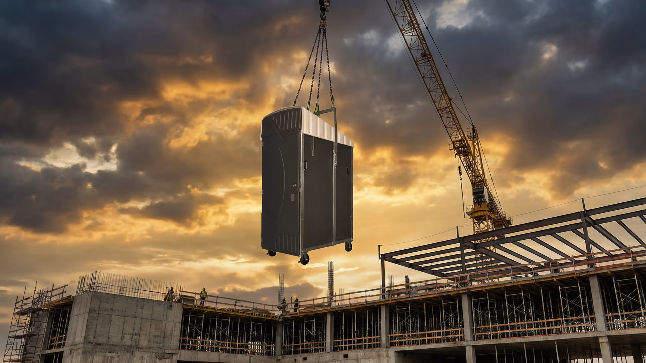 A large high-rise construction site with a crane lifting a black metal container against a sunset