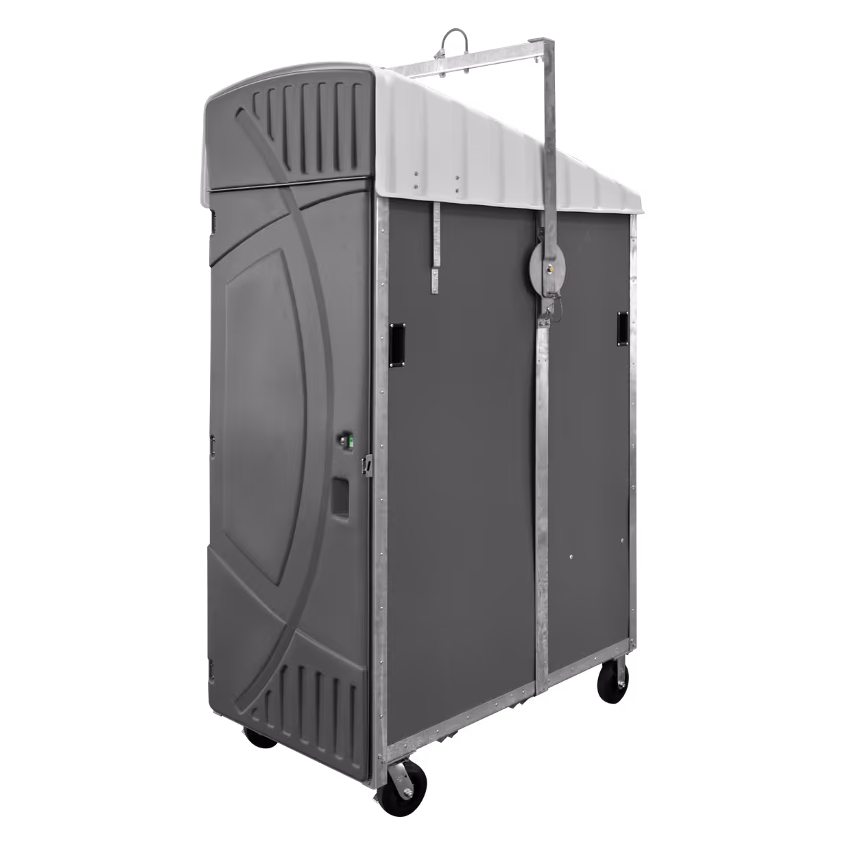 Highrise lift kit with a gray body and a white roof, mounted on wheels for mobility.