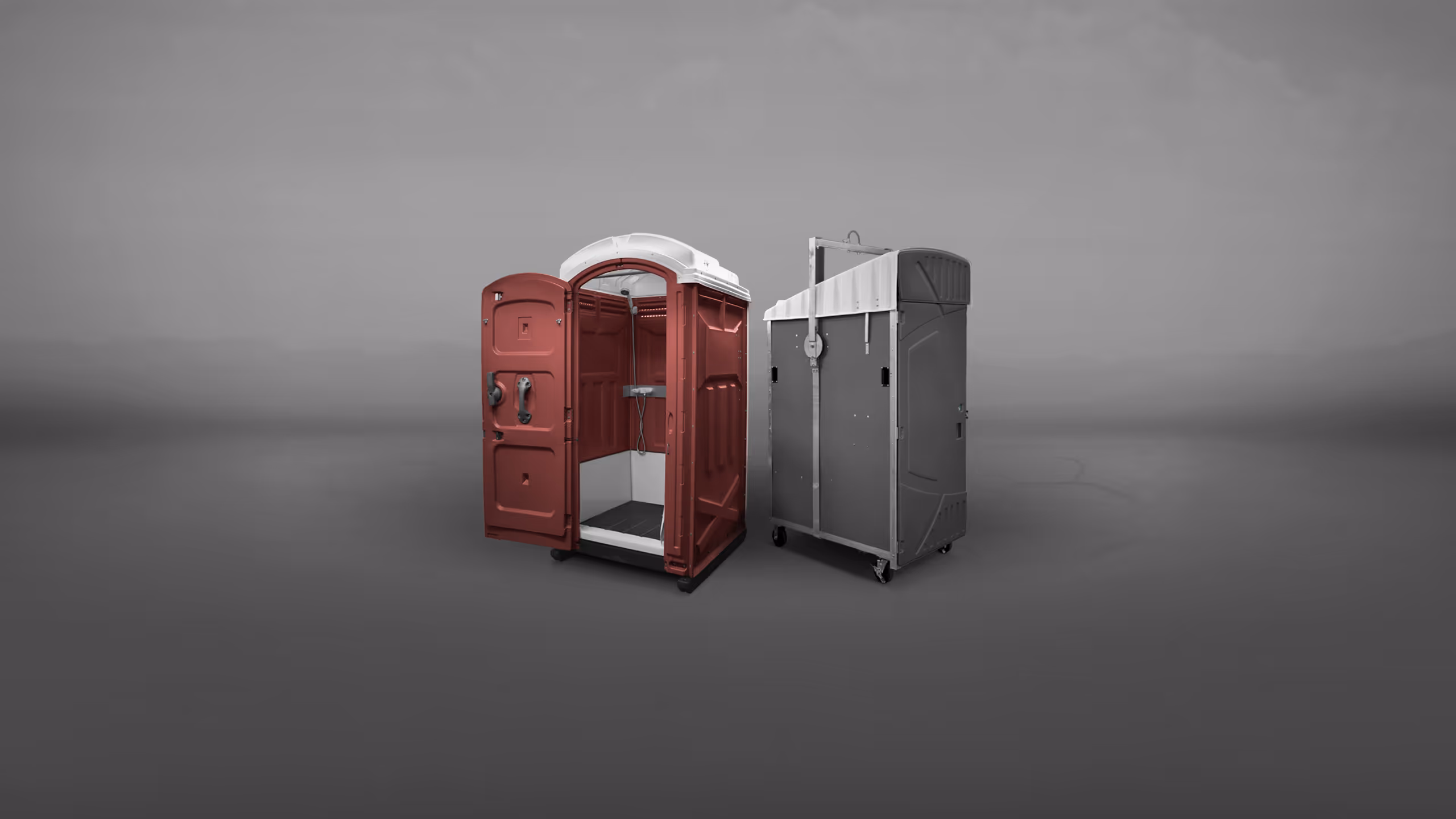 Two portable toilets, one red and one gray, positioned against a gray background.