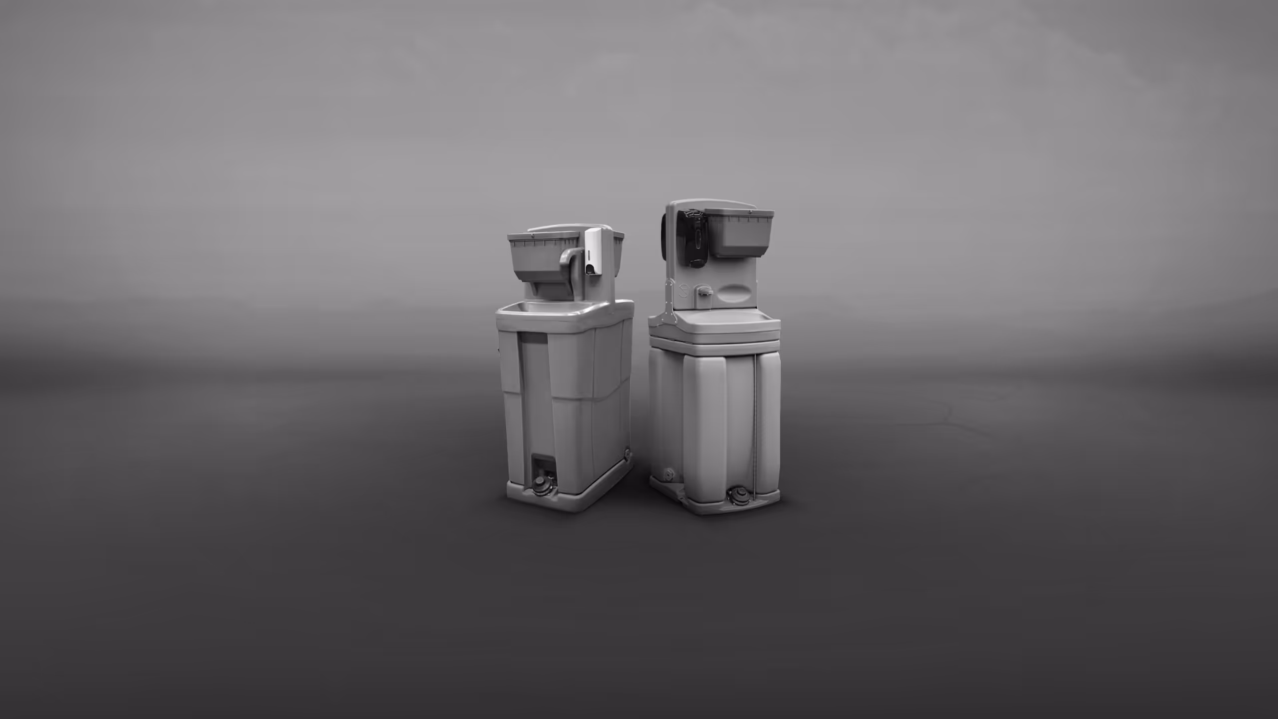 Two water dispensers, one with a covered top and the other with an exposed tap, in grayscale.