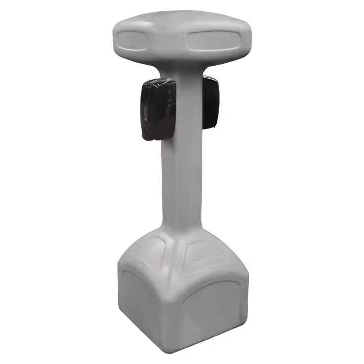 A gray, vertical stand with a rounded top and two black gripping handles on the sides.