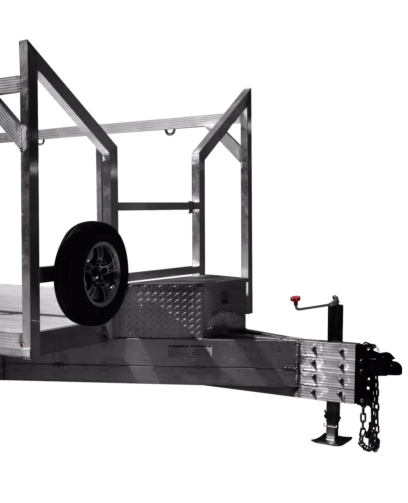 Aluminum trailer frame with a wheel mounted, showcasing a diamond plate tool compartment.