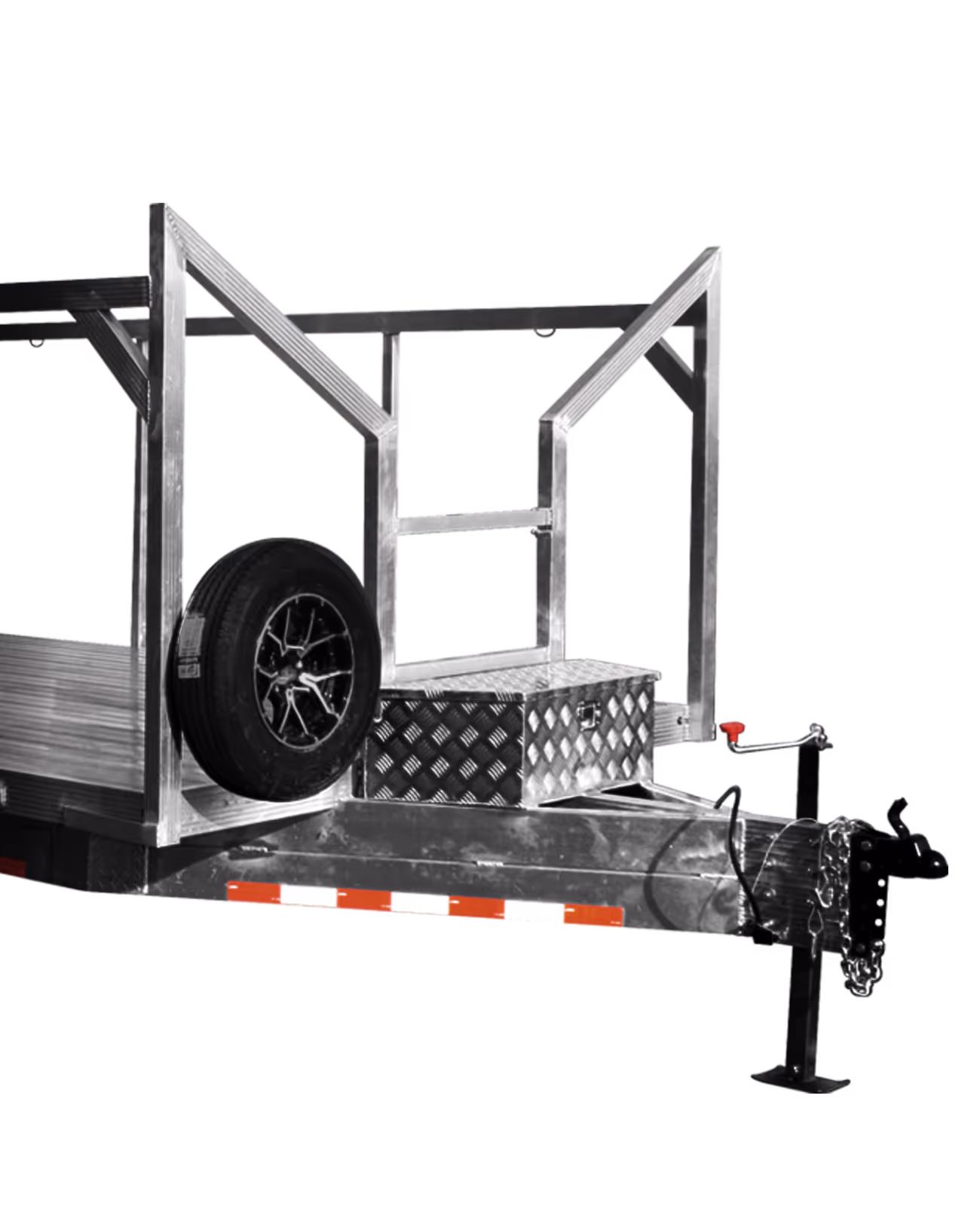 Aluminum trailer with diamond plate storage, a spare tire, and a sleek design.
