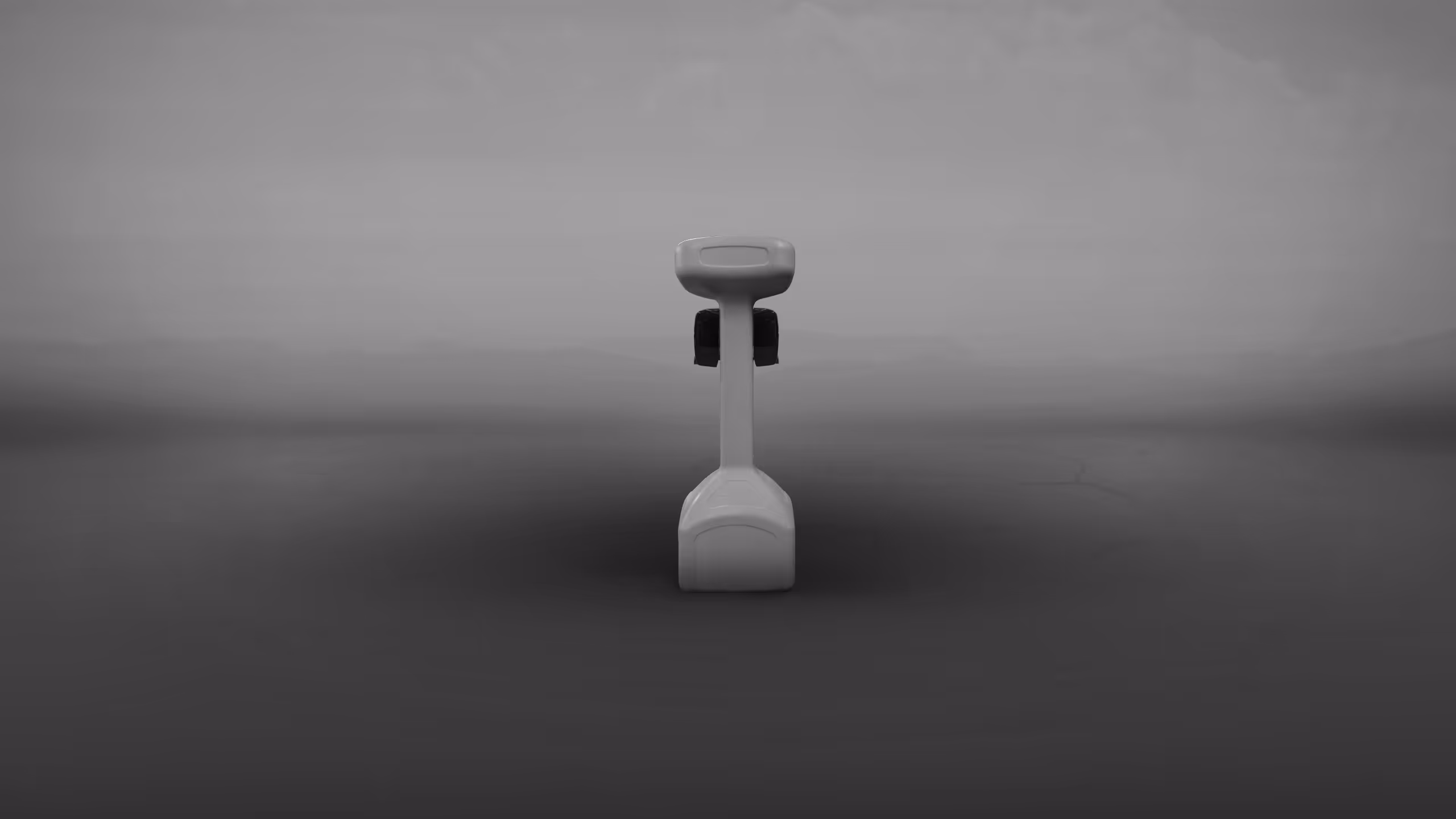 A minimalistic, white robotic device with wheels, shown from the front against a gray background.