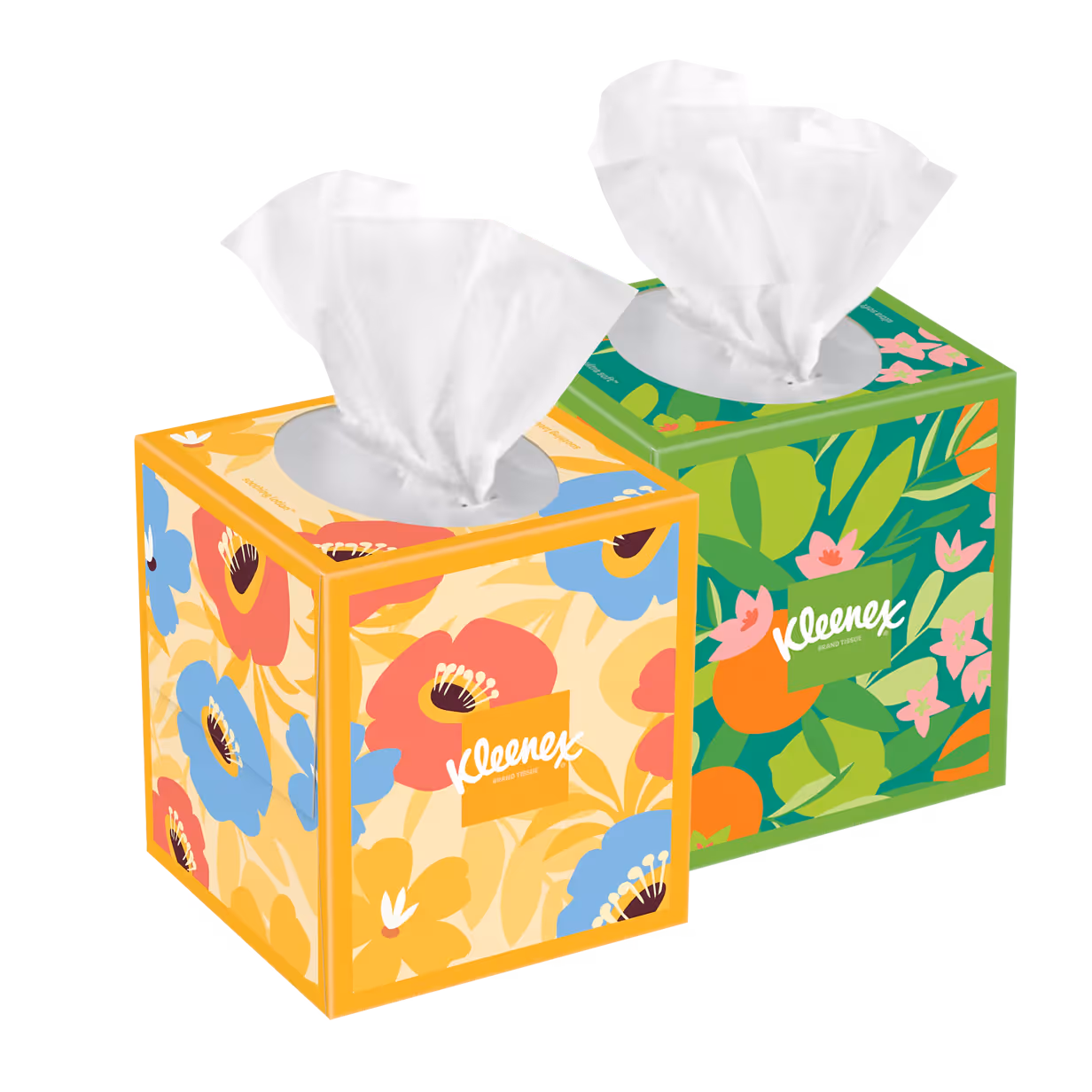 Two Kleenex tissue boxes with floral patterns, one yellow with blue and red flowers, one green with orange flowers.