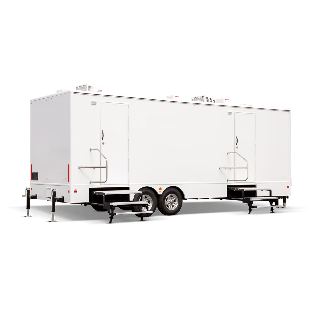 White 9-station restroom trailer with dual entrances and stair access, set on a trailer chassis.