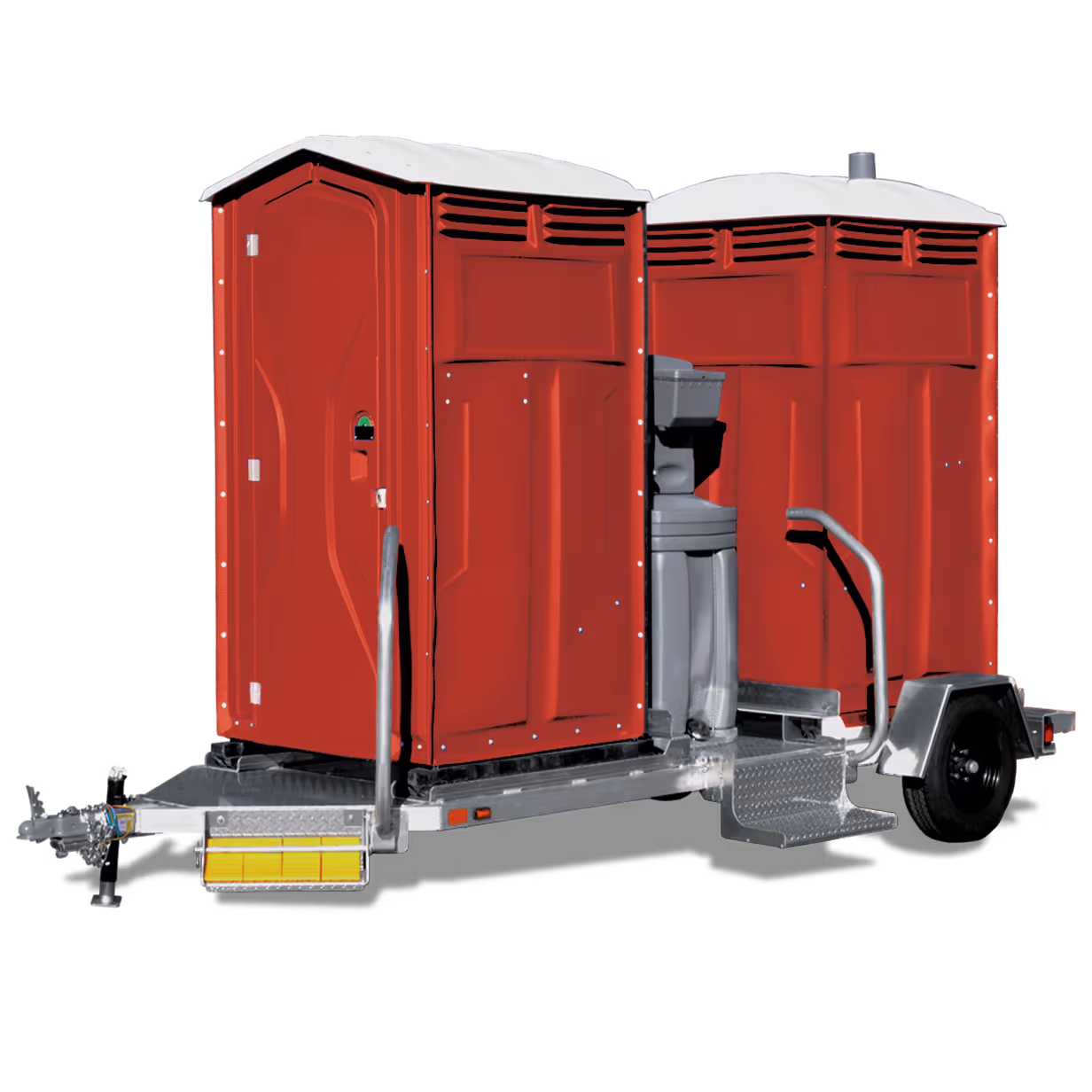 Red portable restroom trailer with two units and a handwashing station on a wheeled base.