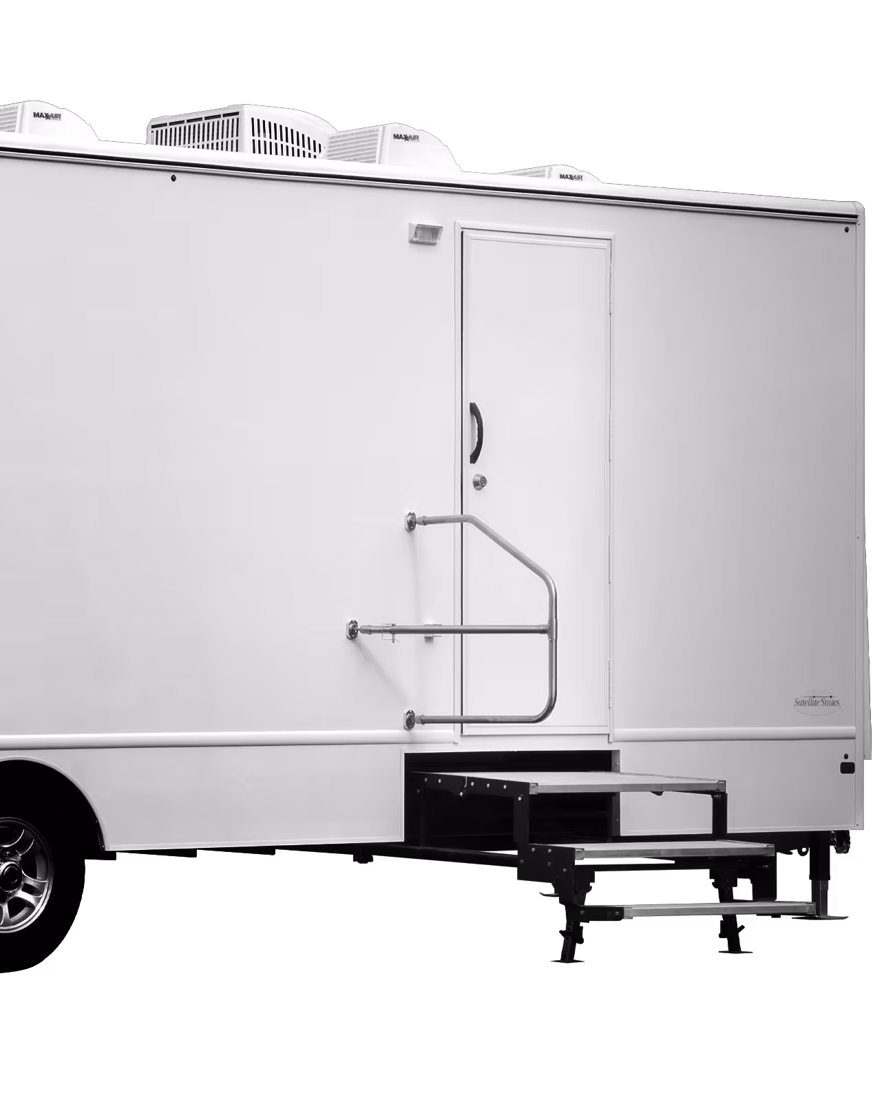 White mobile restroom trailer with a door and stairs, featuring rooftop air conditioning units.