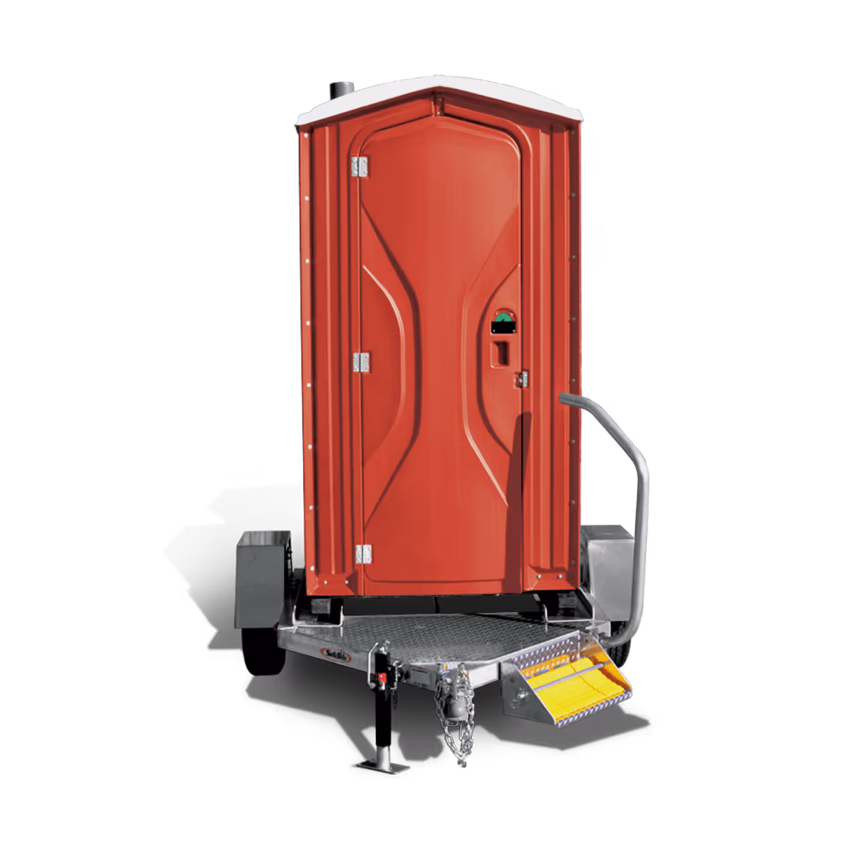 Red portable toilet on a wheeled platform with a step and locking door.