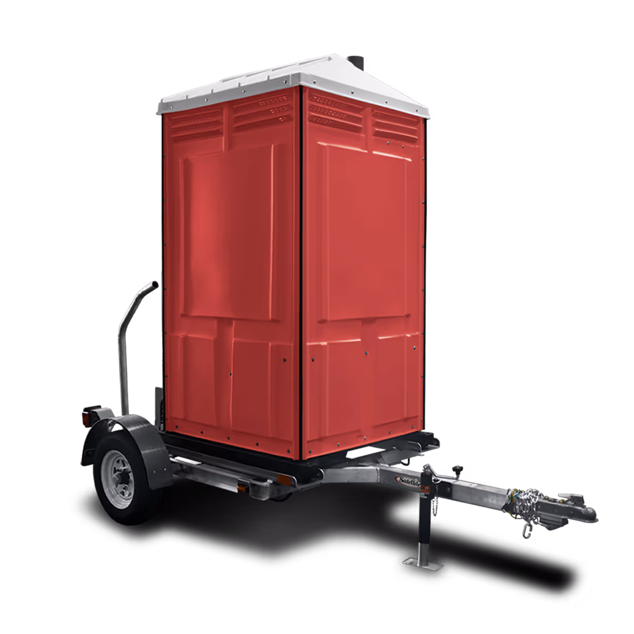 Red portable toilet on a trailer, designed for mobility and outdoor use.